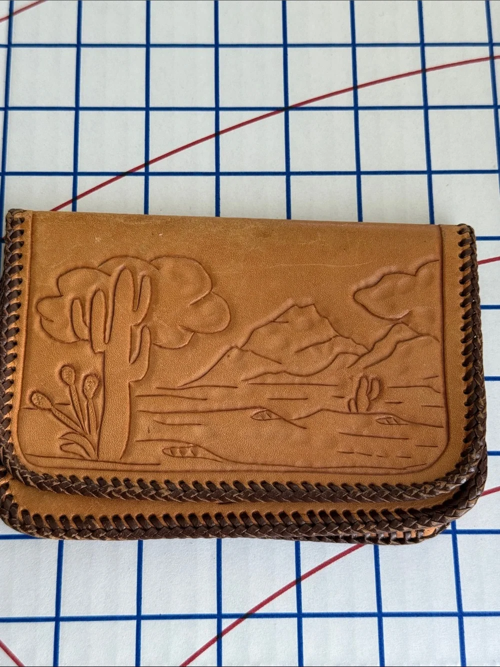 Vintage Hand Tooled Leather Wallet Clutch Southwestern Desert Cactus Whipstitch